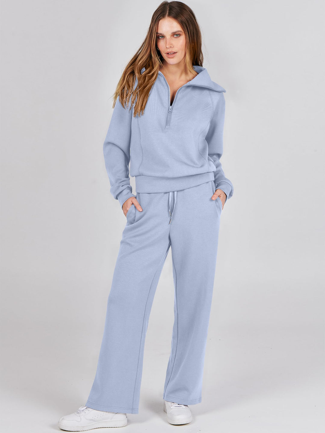 ANRABESS 2 Piece Outfits for Women Half Zip Sweatshirt & Wide Leg Pants Airport Travel Lounge Matching Fall Winter Sets Sweatsuits Clothing