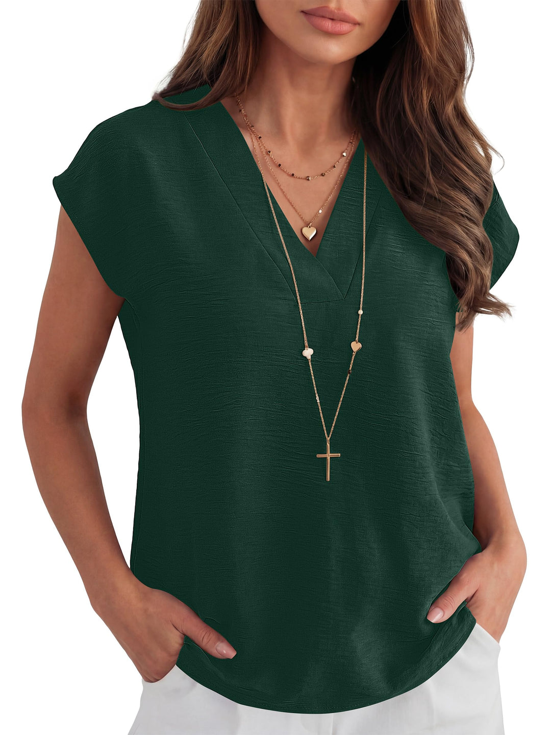 ANRABESS Women Tops V Neck T Shirts Cap Sleeve Business Casual Tops for Women Summer Loose Fit Dressy Work Office Blouses Cute Clothes Trendy Outfits