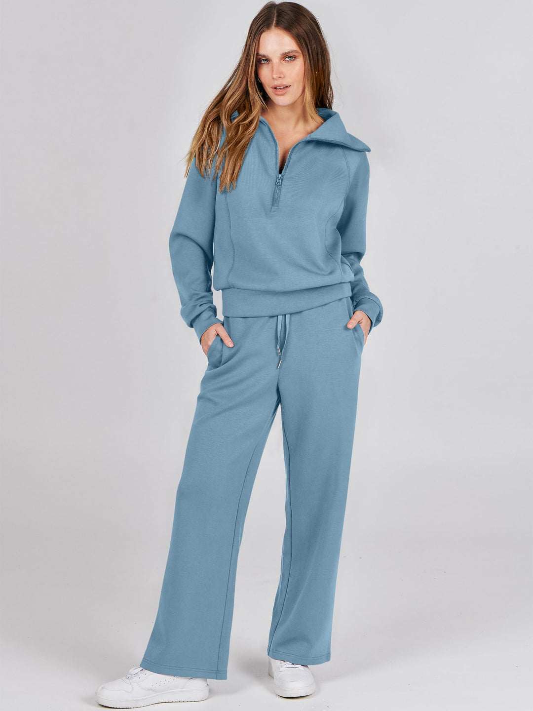 ANRABESS 2 Piece Outfits for Women Half Zip Sweatshirt & Wide Leg Pants Airport Travel Lounge Matching Fall Winter Sets Sweatsuits Clothing