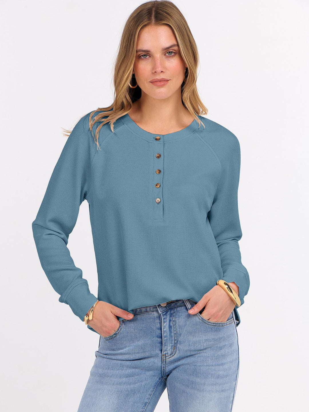 ANRABESS Long Sleeve Waffle Knit Shirts for Women Spring Fall Dressy Casual Button Up V Neck Henley Tops Loose Basic Tees Winter Clothes