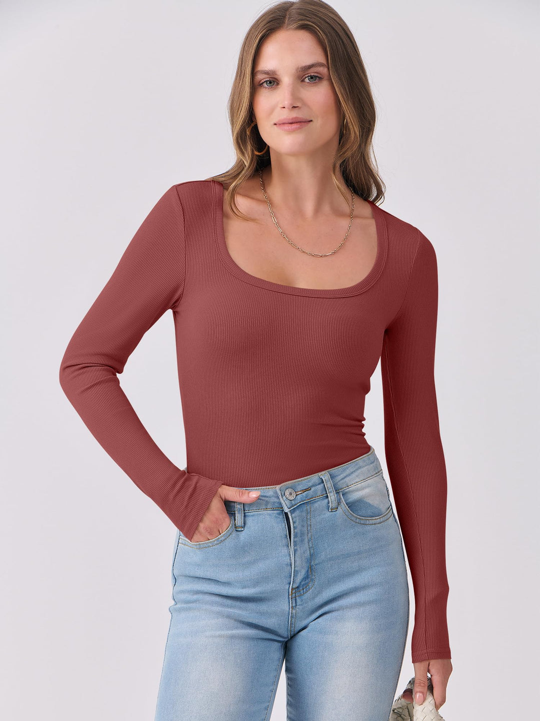 ANRABESS Long Sleeve Shirts for Women Ribbed Knit Slim Fitted Casual Tops Scoop Neck Basic Tee Spring Fall Fashion Clothes