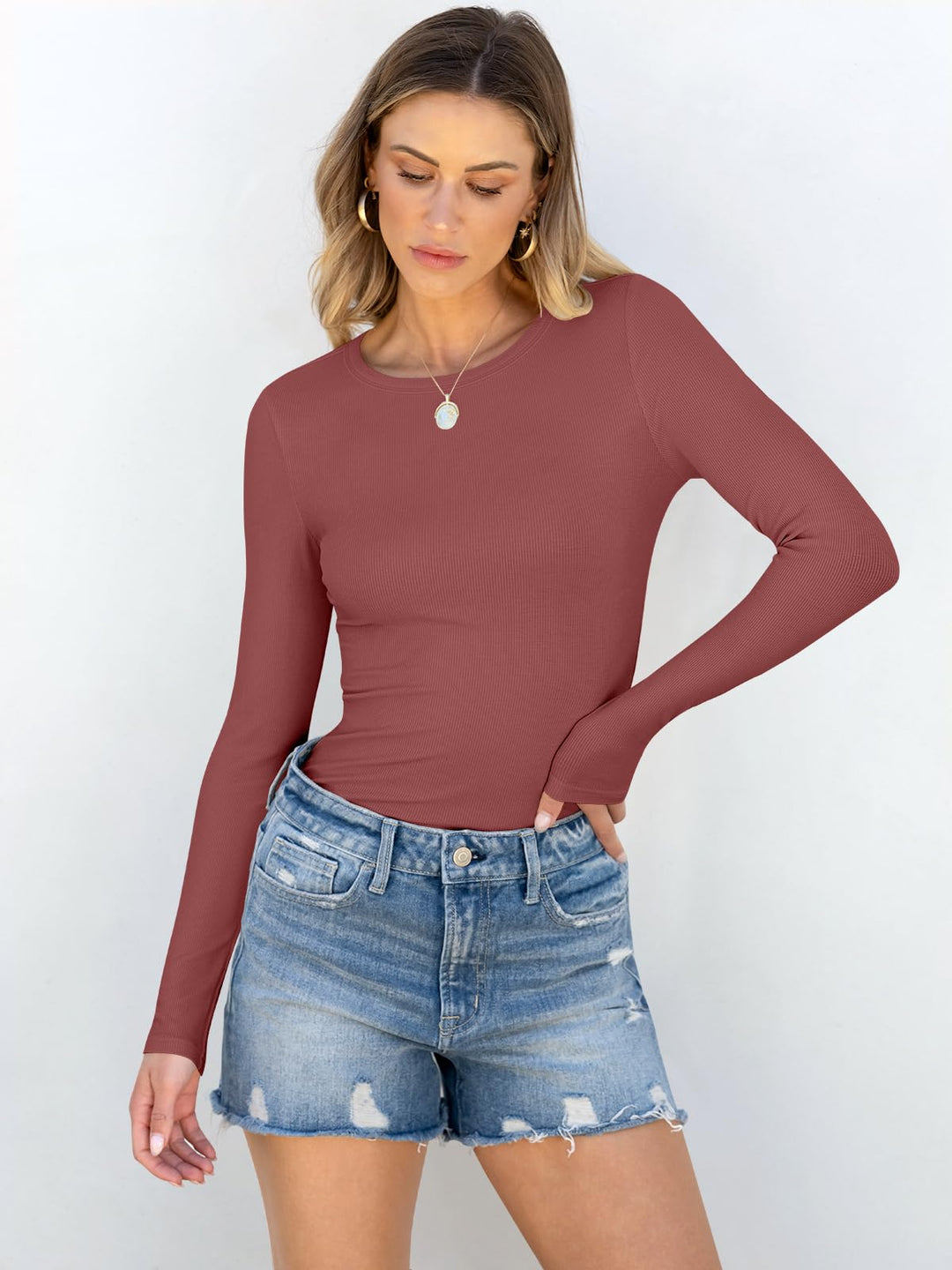 ANRABESS Long Sleeve Shirts for Women Ribbed Knit Slim Fit Basic Tops Crewneck Tees Spring Fall Casual Underscrubs Layer Clothes