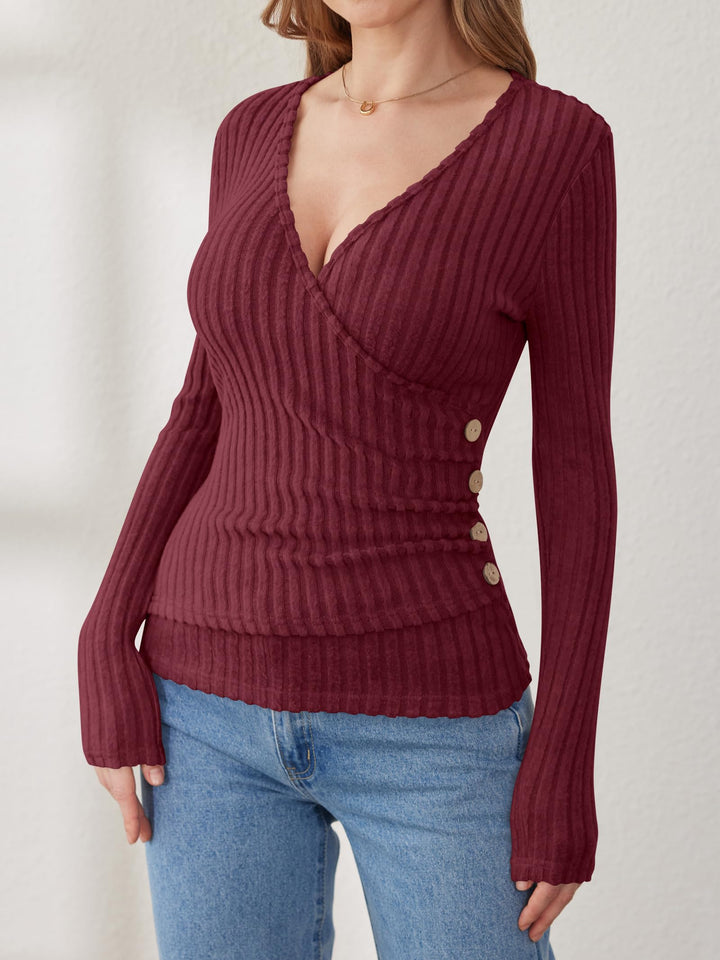 ANRABESS Long Sleeve V Neck Shirts for Women Ribbed Knit Slim Fit Wrap Top Comfy Soft Sexy Sweater Spring Fall Winter Dressy Casual Clothes