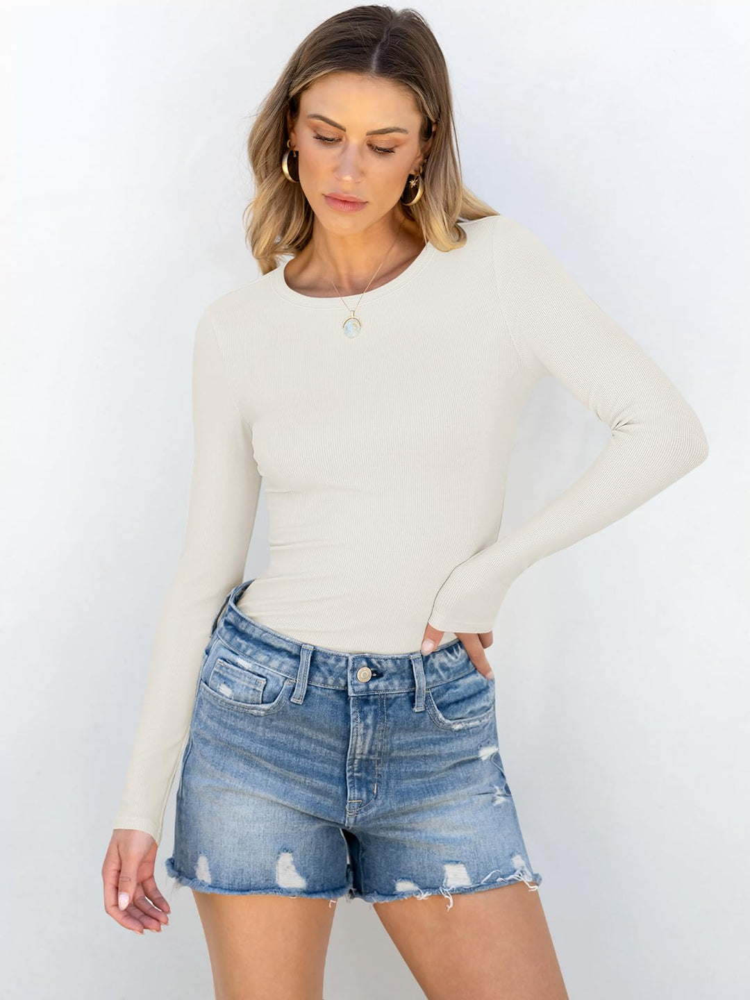 ANRABESS Long Sleeve Shirts for Women Ribbed Knit Slim Fit Basic Tops Crewneck Tees Spring Fall Casual Underscrubs Layer Clothes