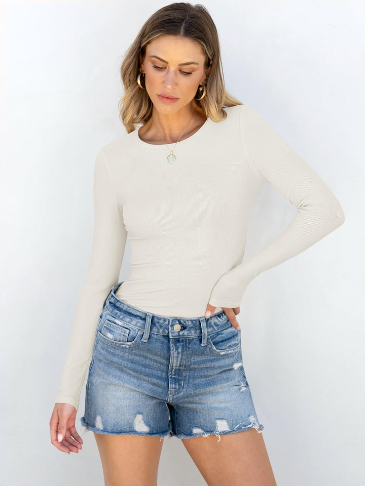 ANRABESS Long Sleeve Shirts for Women Ribbed Knit Slim Fit Basic Tops Crewneck Tees Spring Fall Casual Underscrubs Layer Clothes