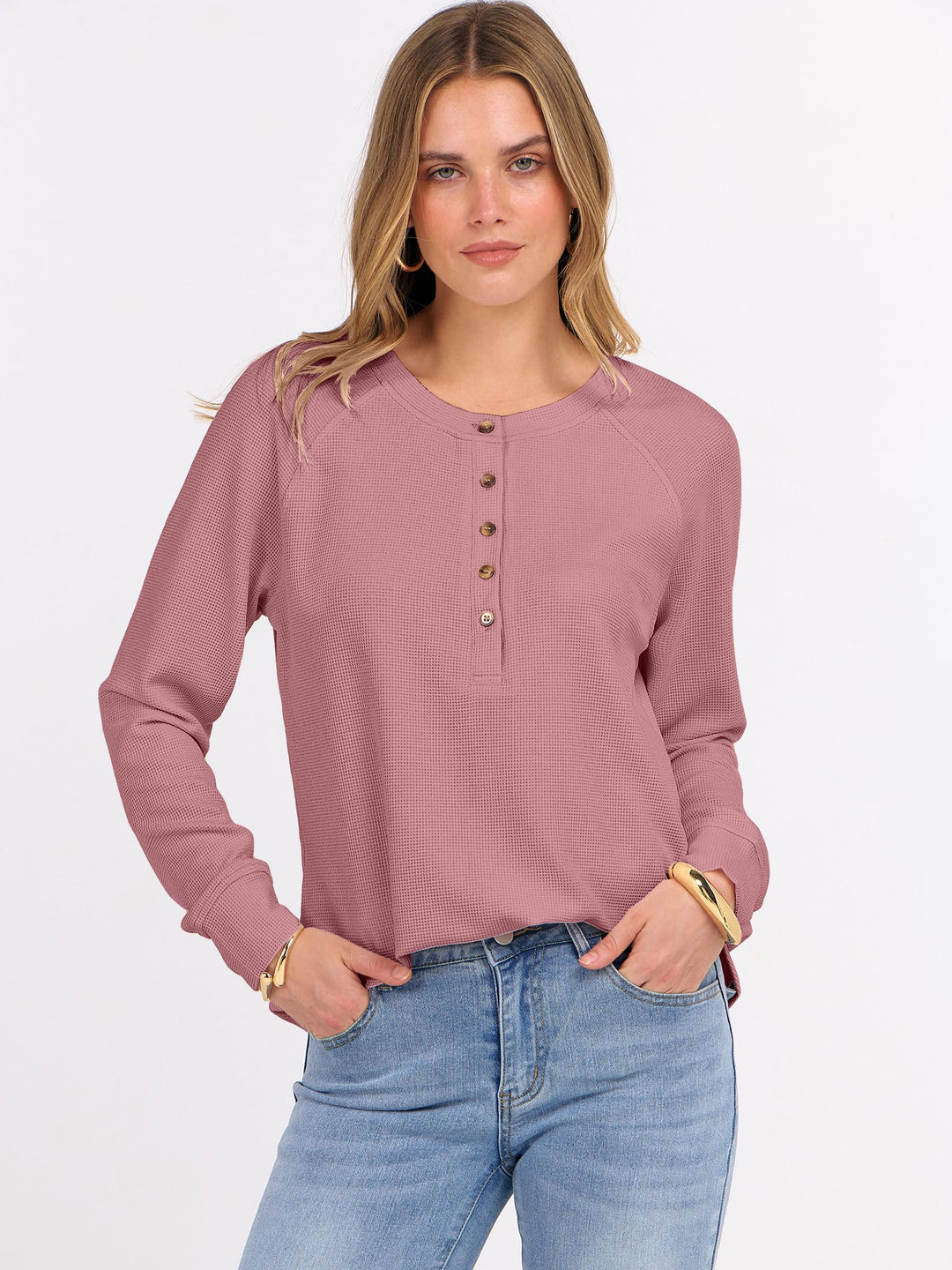 ANRABESS Long Sleeve Waffle Knit Shirts for Women Spring Fall Dressy Casual Button Up V Neck Henley Tops Loose Basic Tees Winter Clothes