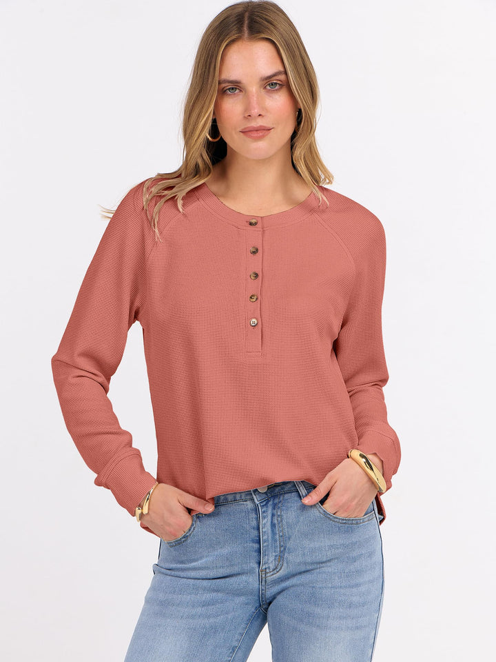 ANRABESS Long Sleeve Waffle Knit Shirts for Women Spring Fall Dressy Casual Button Up V Neck Henley Tops Loose Basic Tees Winter Clothes