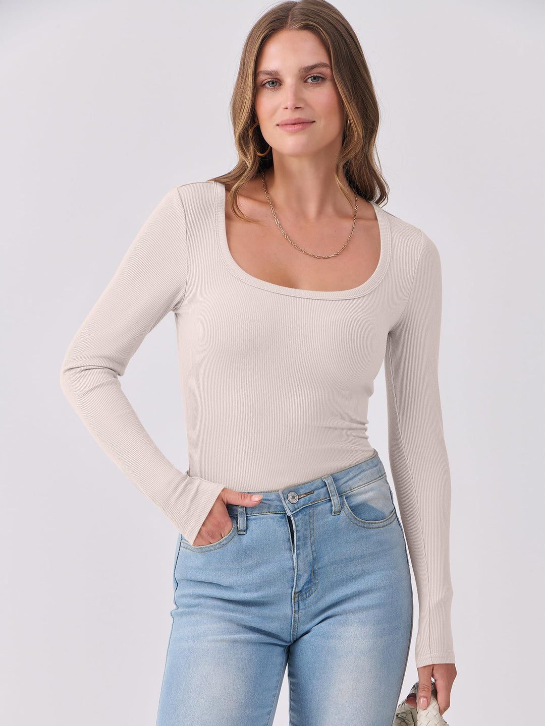 ANRABESS Long Sleeve Shirts for Women Ribbed Knit Slim Fitted Casual Tops Scoop Neck Basic Tee Spring Fall Fashion Clothes