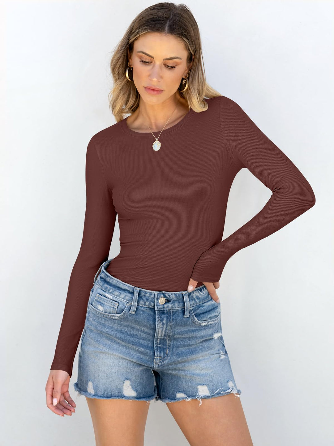 ANRABESS Long Sleeve Shirts for Women Ribbed Knit Slim Fit Basic Tops Crewneck Tees Spring Fall Casual Underscrubs Layer Clothes