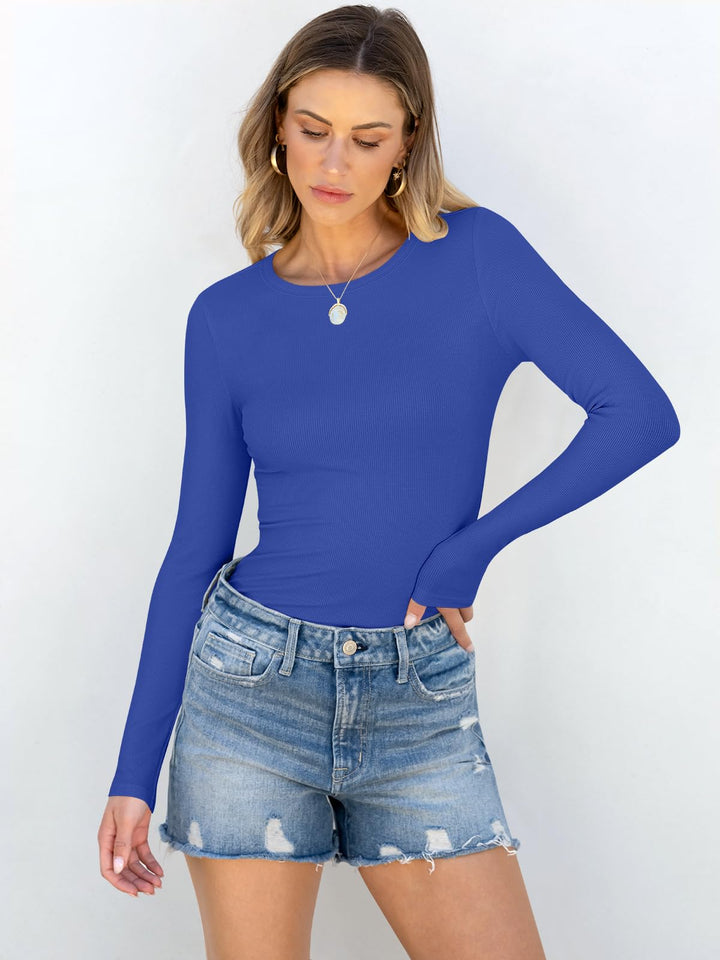 ANRABESS Long Sleeve Shirts for Women Ribbed Knit Slim Fit Basic Tops Crewneck Tees Spring Fall Casual Underscrubs Layer Clothes