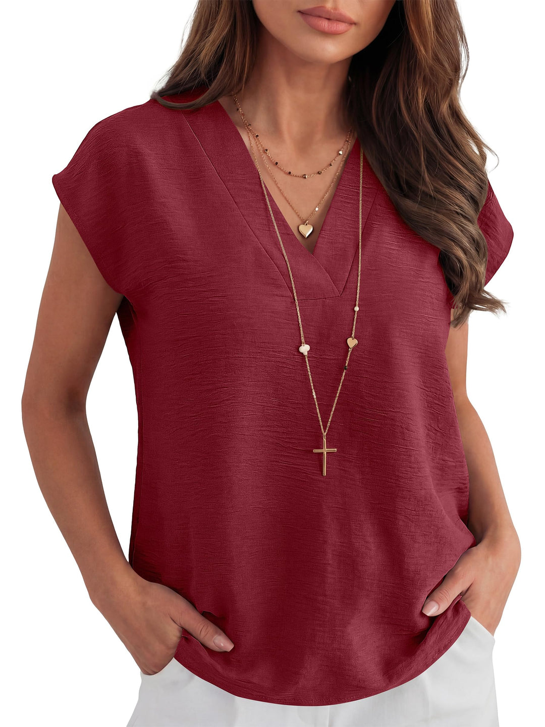ANRABESS Women Tops V Neck T Shirts Cap Sleeve Business Casual Tops for Women Summer Loose Fit Dressy Work Office Blouses Cute Clothes Trendy Outfits