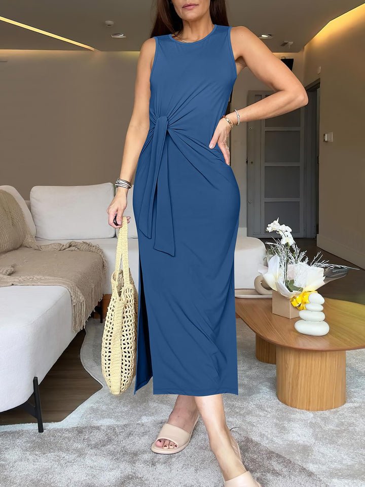 ANRABESS Maxi Dresses for Women 2026 Summer Tie Waist Split Midi Dresses Sleeveless Crewneck Slim Fit Long Tank Dress Casual Travel Beach Tshirt Dress