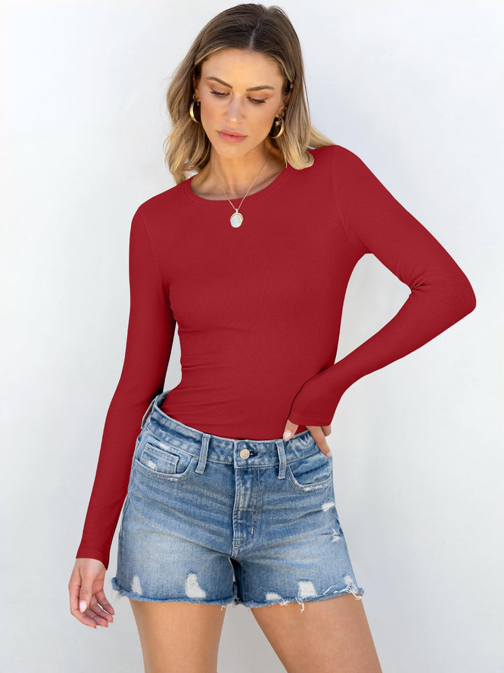 ANRABESS Long Sleeve Shirts for Women Ribbed Knit Slim Fit Basic Tops Crewneck Tees Spring Fall Casual Underscrubs Layer Clothes