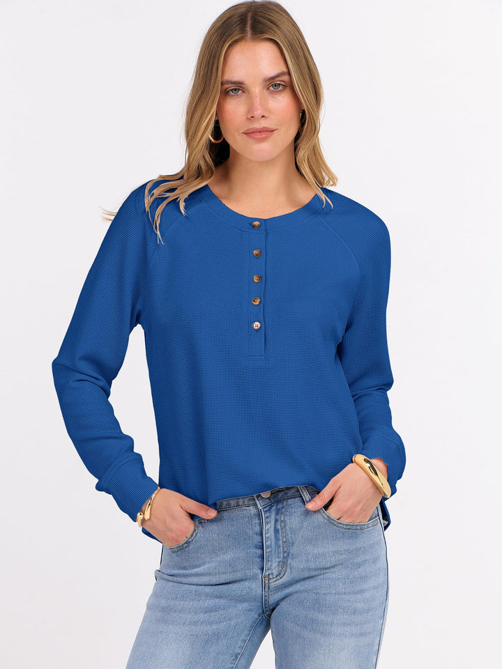 ANRABESS Long Sleeve Waffle Knit Shirts for Women Spring Fall Dressy Casual Button Up V Neck Henley Tops Loose Basic Tees Winter Clothes
