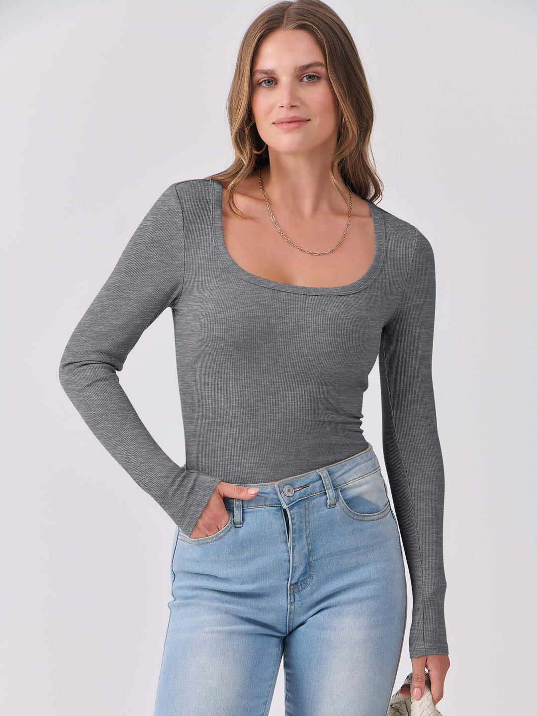 ANRABESS Long Sleeve Shirts for Women Ribbed Knit Slim Fitted Casual Tops Scoop Neck Basic Tee Spring Fall Fashion Clothes