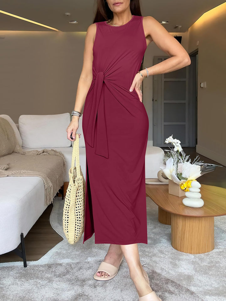 ANRABESS Maxi Dresses for Women 2026 Summer Tie Waist Split Midi Dresses Sleeveless Crewneck Slim Fit Long Tank Dress Casual Travel Beach Tshirt Dress