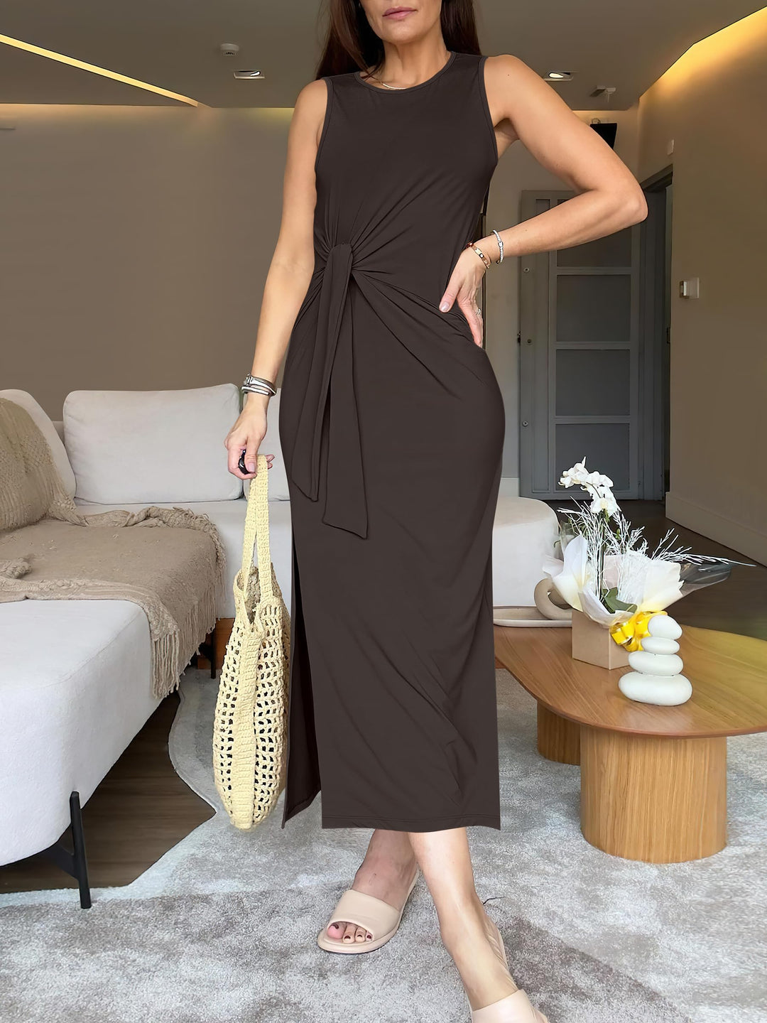 ANRABESS Maxi Dresses for Women 2026 Summer Tie Waist Split Midi Dresses Sleeveless Crewneck Slim Fit Long Tank Dress Casual Travel Beach Tshirt Dress