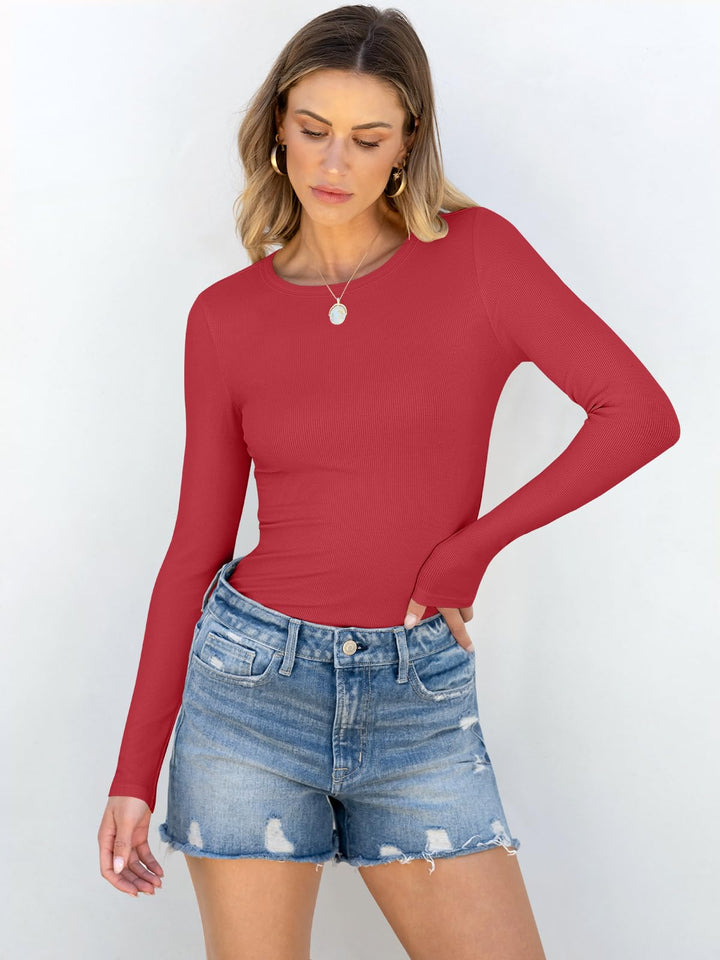 ANRABESS Long Sleeve Shirts for Women Ribbed Knit Slim Fit Basic Tops Crewneck Tees Spring Fall Casual Underscrubs Layer Clothes