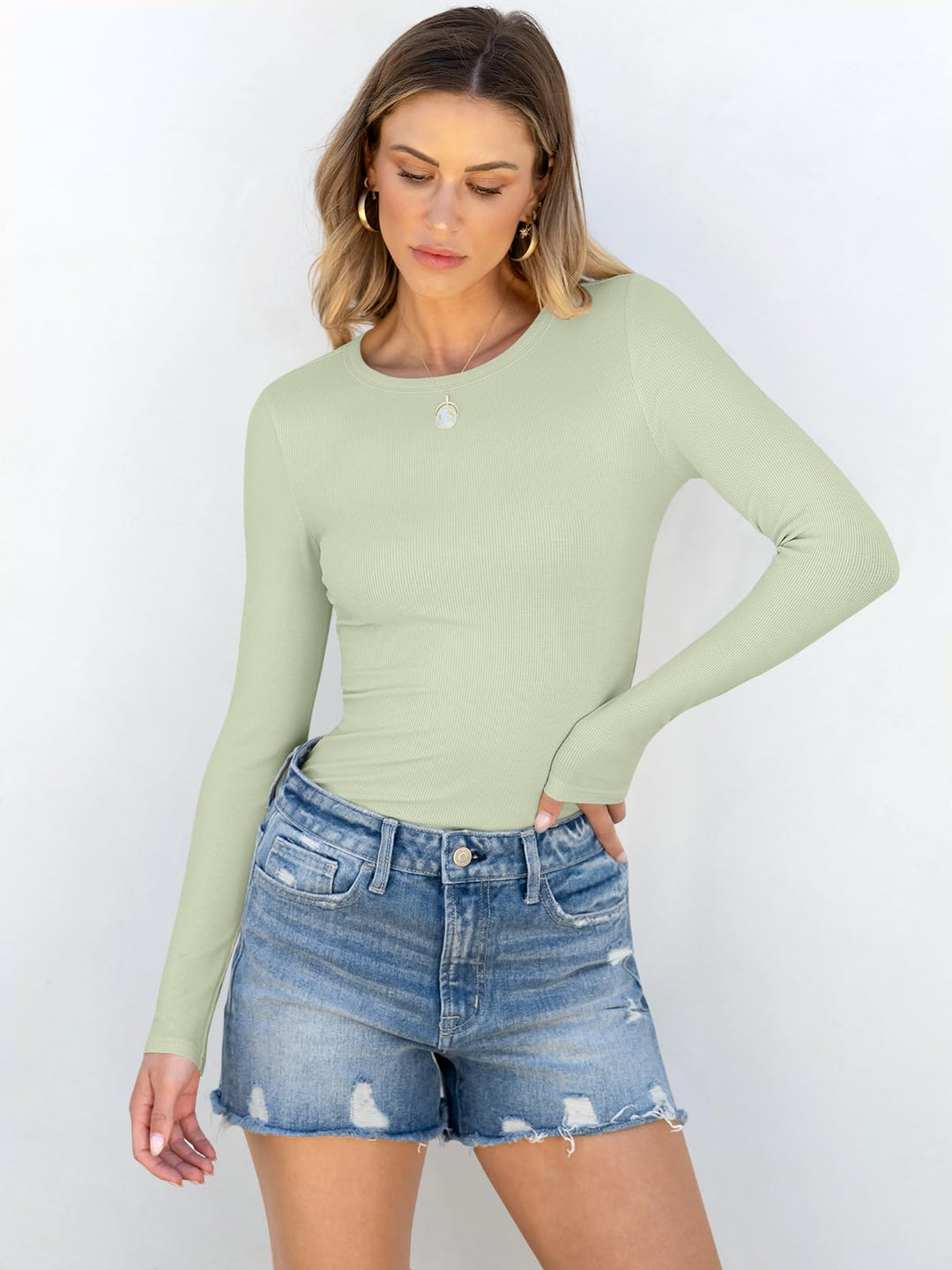 ANRABESS Long Sleeve Shirts for Women Ribbed Knit Slim Fit Basic Tops Crewneck Tees Spring Fall Casual Underscrubs Layer Clothes