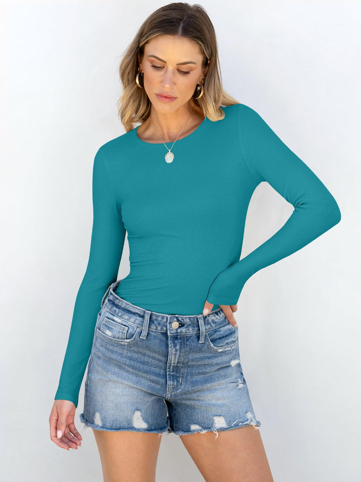 ANRABESS Long Sleeve Shirts for Women Ribbed Knit Slim Fit Basic Tops Crewneck Tees Spring Fall Casual Underscrubs Layer Clothes