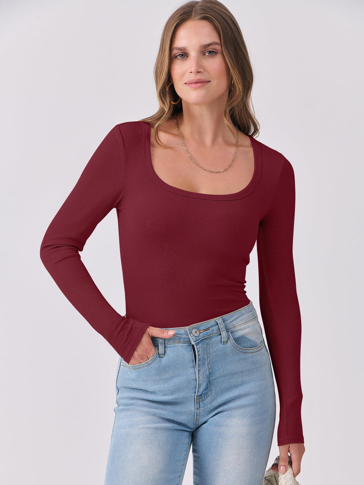 ANRABESS Long Sleeve Shirts for Women Ribbed Knit Slim Fitted Casual Tops Scoop Neck Basic Tee Spring Fall Fashion Clothes