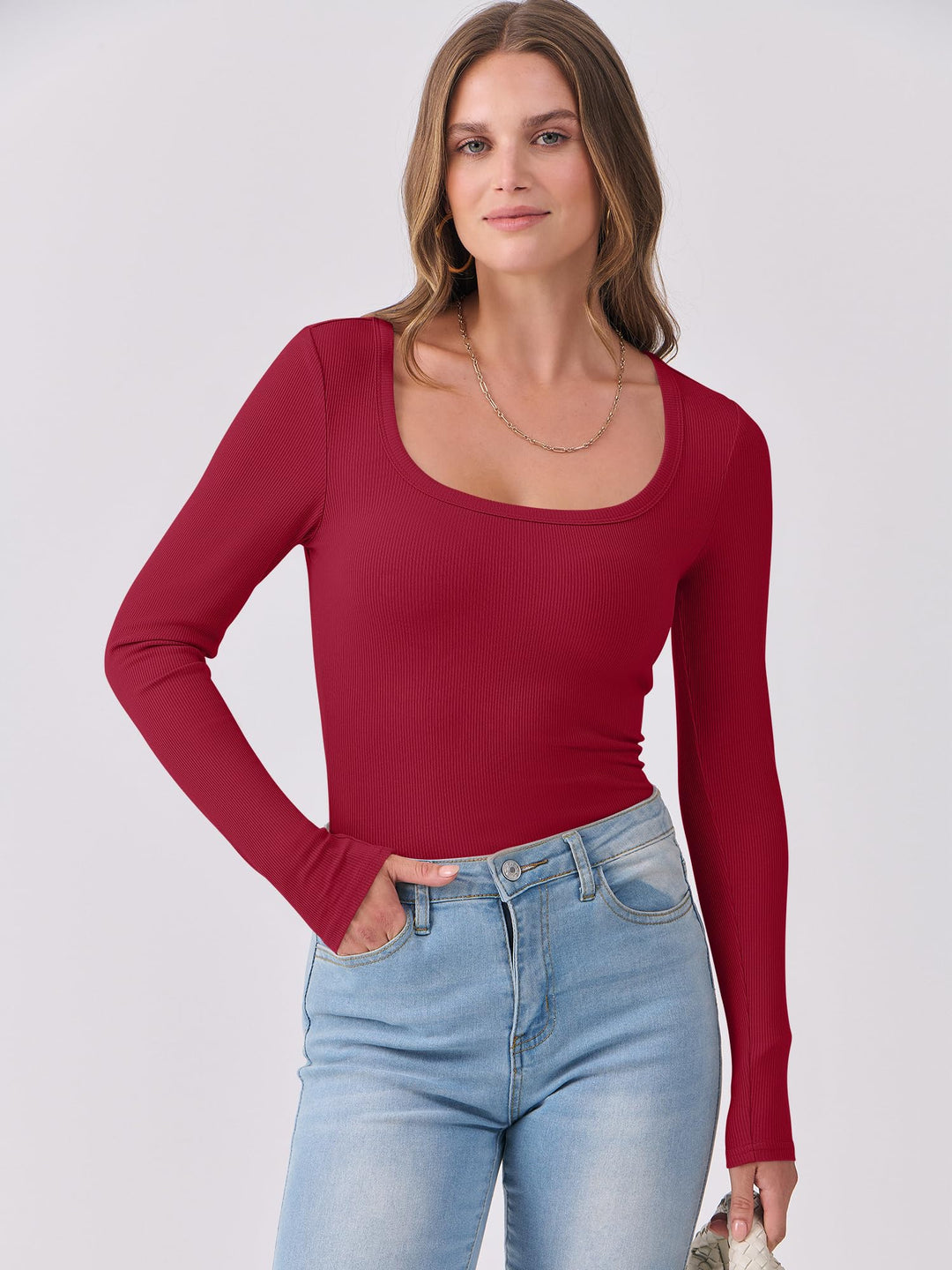 ANRABESS Long Sleeve Shirts for Women Ribbed Knit Slim Fitted Casual Tops Scoop Neck Basic Tee Spring Fall Fashion Clothes