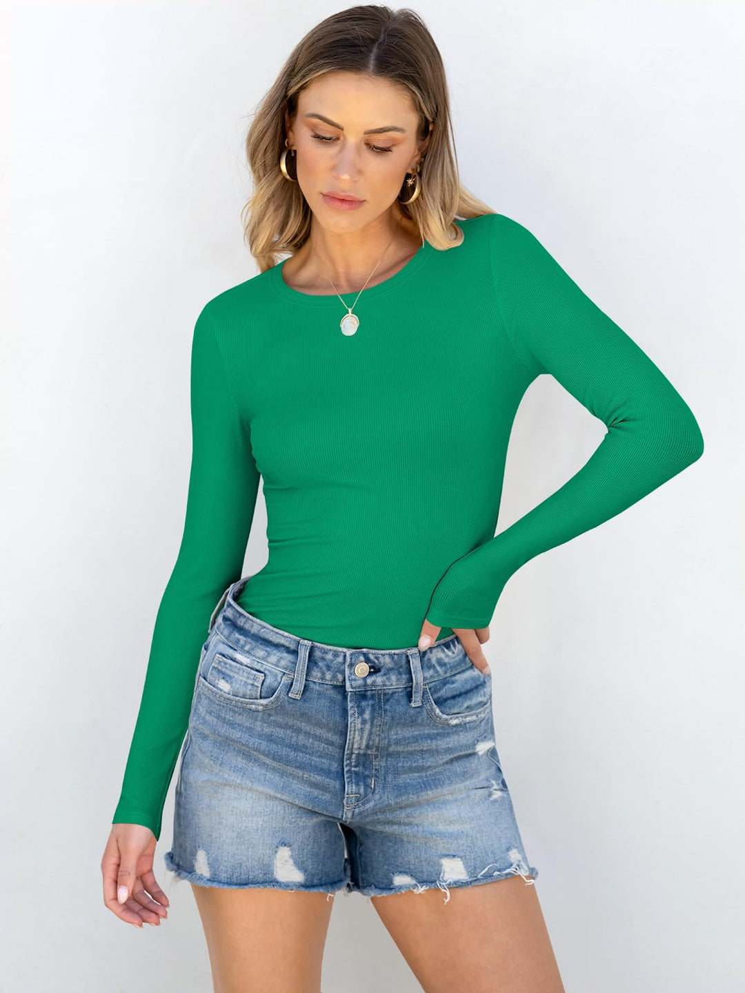 ANRABESS Long Sleeve Shirts for Women Ribbed Knit Slim Fit Basic Tops Crewneck Tees Spring Fall Casual Underscrubs Layer Clothes