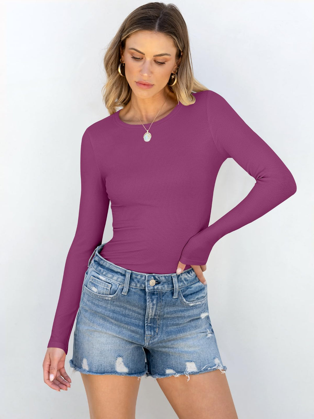 ANRABESS Long Sleeve Shirts for Women Ribbed Knit Slim Fit Basic Tops Crewneck Tees Spring Fall Casual Underscrubs Layer Clothes