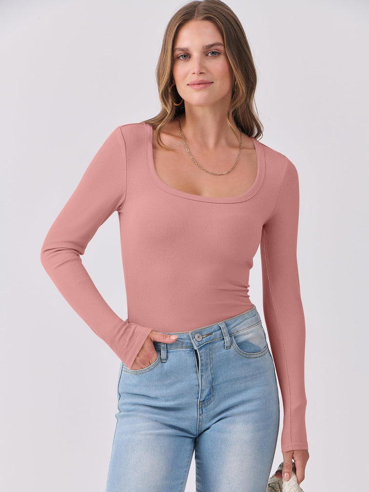 ANRABESS Long Sleeve Shirts for Women Ribbed Knit Slim Fitted Casual Tops Scoop Neck Basic Tee Spring Fall Fashion Clothes