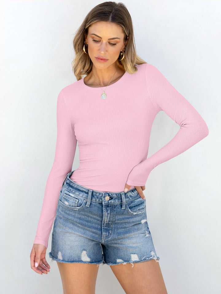ANRABESS Long Sleeve Shirts for Women Ribbed Knit Slim Fit Basic Tops Crewneck Tees Spring Fall Casual Underscrubs Layer Clothes