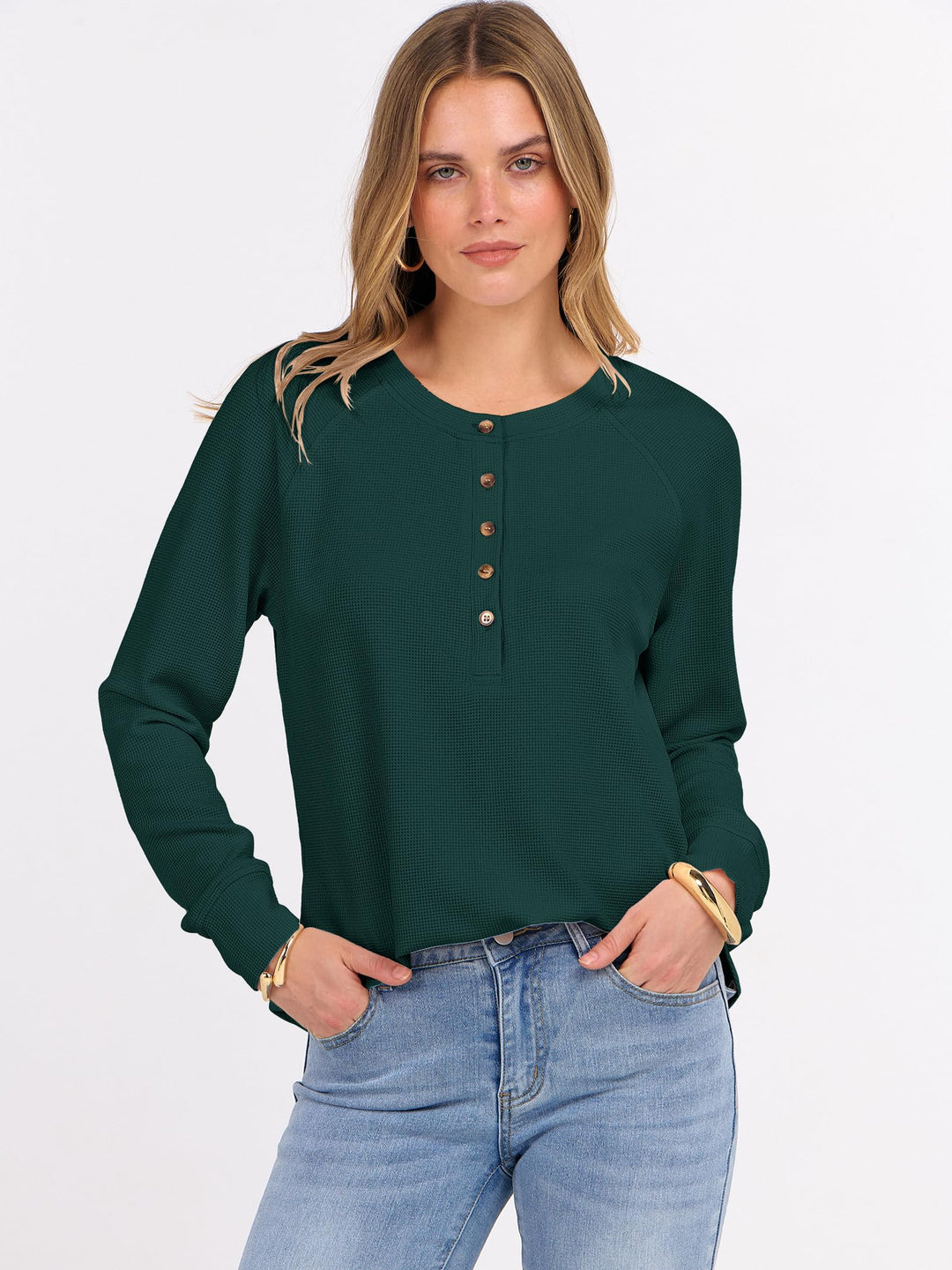 ANRABESS Long Sleeve Waffle Knit Shirts for Women Spring Fall Dressy Casual Button Up V Neck Henley Tops Loose Basic Tees Winter Clothes