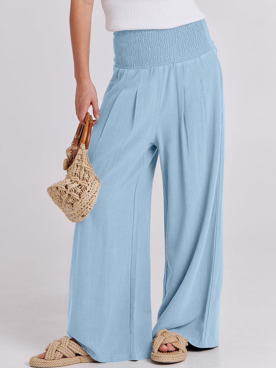 ANRABESS Linen Wide Leg Pants for Women Summer Boho High Waist Palazzo Pants Beach Lounge Casual Trousers with Pockets Vacation Clothes