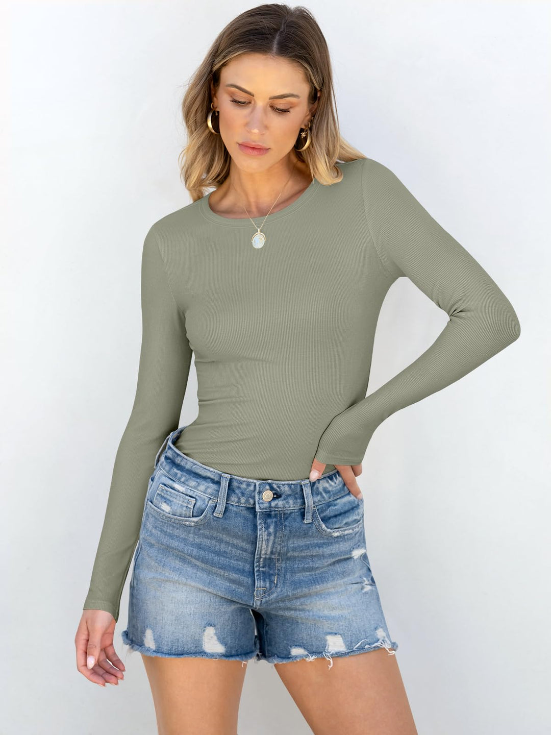 ANRABESS Long Sleeve Shirts for Women Ribbed Knit Slim Fit Basic Tops Crewneck Tees Spring Fall Casual Underscrubs Layer Clothes