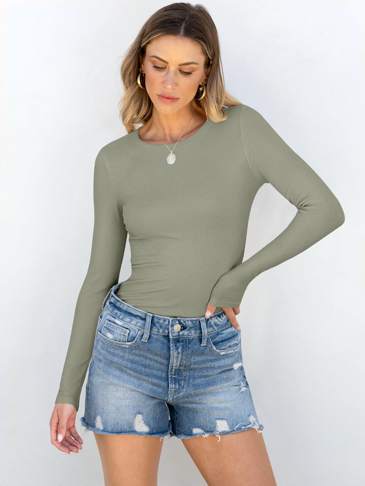 ANRABESS Long Sleeve Shirts for Women Ribbed Knit Slim Fit Basic Tops Crewneck Tees Spring Fall Casual Underscrubs Layer Clothes