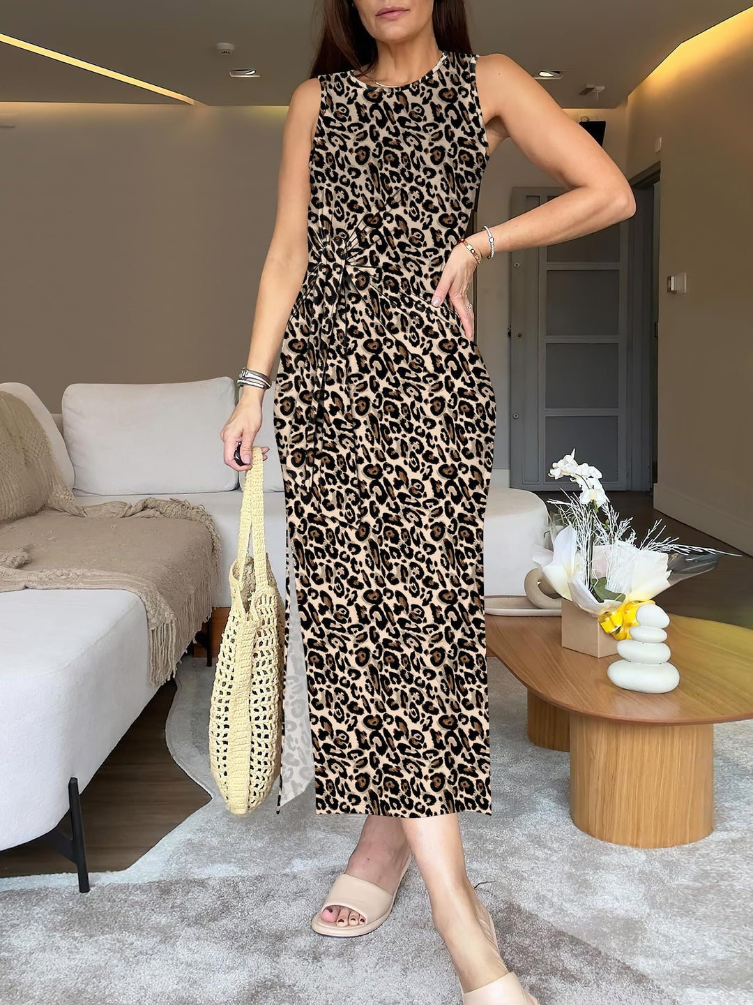 ANRABESS Maxi Dresses for Women 2026 Summer Tie Waist Split Midi Dresses Sleeveless Crewneck Slim Fit Long Tank Dress Casual Travel Beach Tshirt Dress