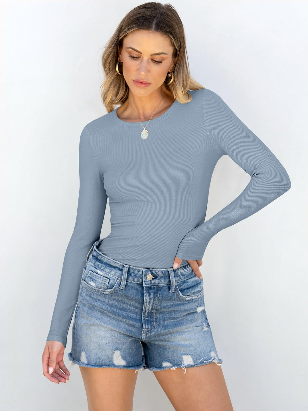 ANRABESS Long Sleeve Shirts for Women Ribbed Knit Slim Fit Basic Tops Crewneck Tees Spring Fall Casual Underscrubs Layer Clothes