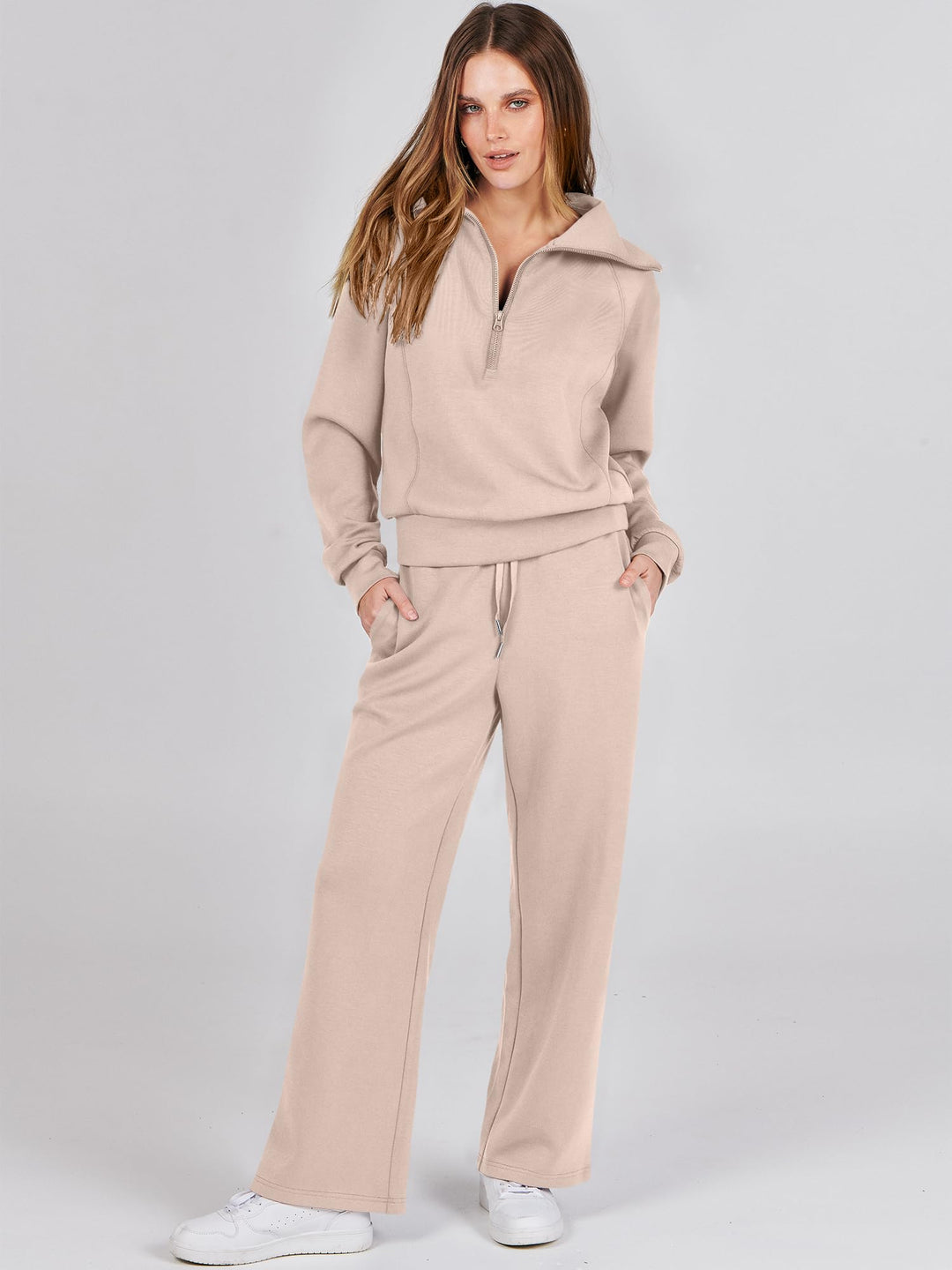ANRABESS 2 Piece Outfits for Women Half Zip Sweatshirt & Wide Leg Pants Airport Travel Lounge Matching Fall Winter Sets Sweatsuits Clothing