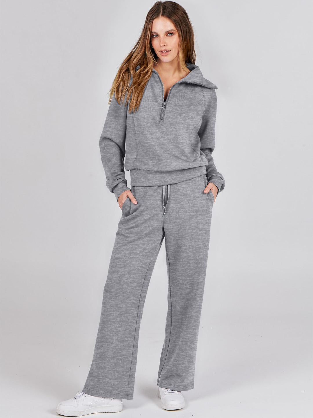 ANRABESS 2 Piece Outfits for Women Half Zip Sweatshirt & Wide Leg Pants Airport Travel Lounge Matching Fall Winter Sets Sweatsuits Clothing