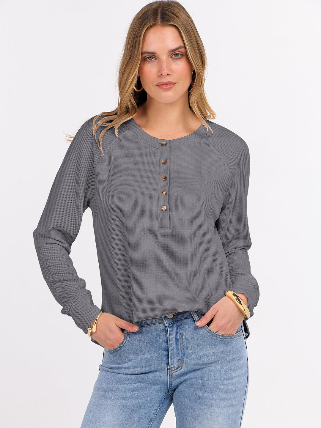 ANRABESS Long Sleeve Waffle Knit Shirts for Women Spring Fall Dressy Casual Button Up V Neck Henley Tops Loose Basic Tees Winter Clothes