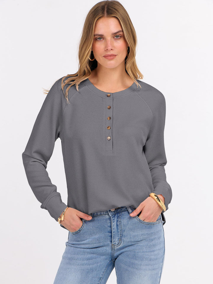 ANRABESS Long Sleeve Waffle Knit Shirts for Women Spring Fall Dressy Casual Button Up V Neck Henley Tops Loose Basic Tees Winter Clothes