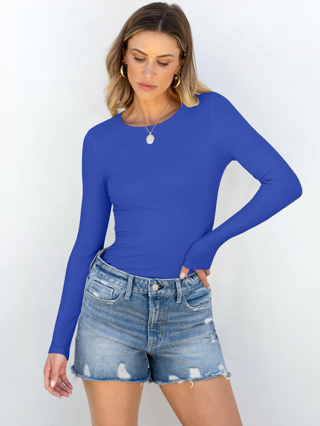 ANRABESS Long Sleeve Shirts for Women Ribbed Knit Slim Fit Basic Tops Crewneck Tees Spring Fall Casual Underscrubs Layer Clothes