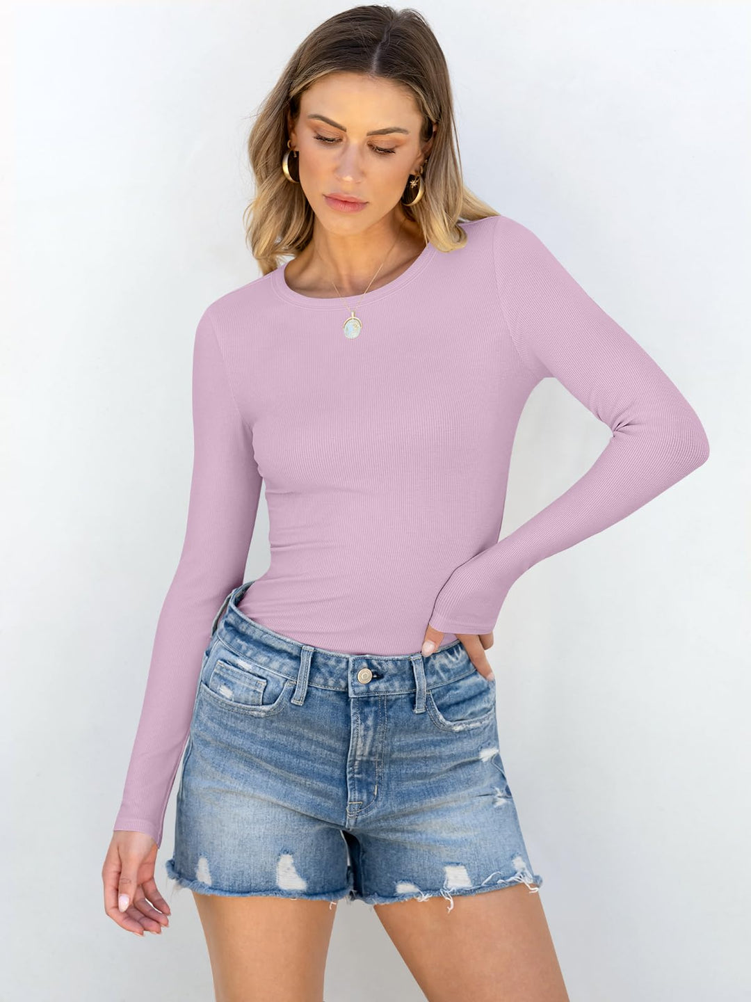ANRABESS Long Sleeve Shirts for Women Ribbed Knit Slim Fit Basic Tops Crewneck Tees Spring Fall Casual Underscrubs Layer Clothes