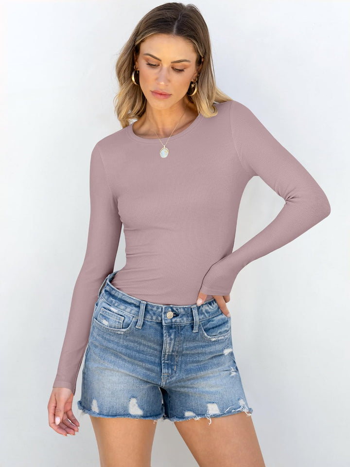 ANRABESS Long Sleeve Shirts for Women Ribbed Knit Slim Fit Basic Tops Crewneck Tees Spring Fall Casual Underscrubs Layer Clothes