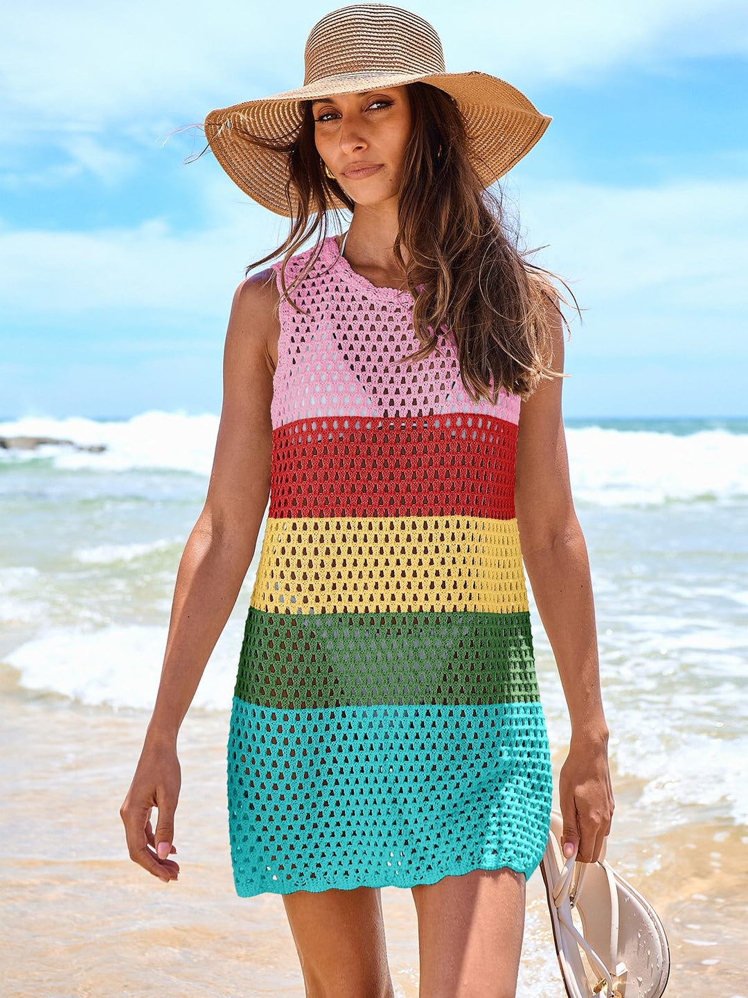 ANRABESS Womens Swimsuit Cover Up Sleeveless Knit 2026 Summer Outfits Swimwear Bathing Suit Coverup Crochet Beach Dress