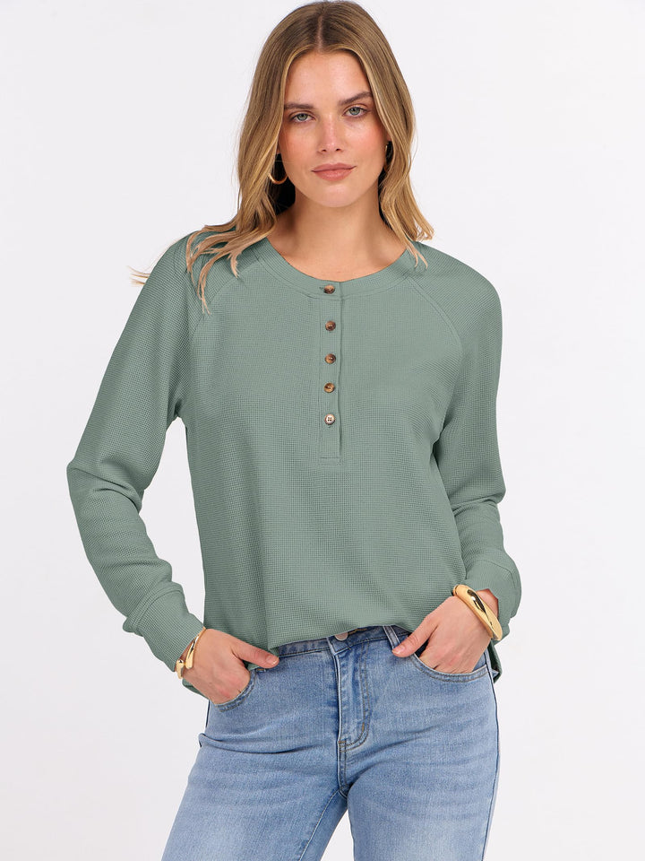ANRABESS Long Sleeve Waffle Knit Shirts for Women Spring Fall Dressy Casual Button Up V Neck Henley Tops Loose Basic Tees Winter Clothes