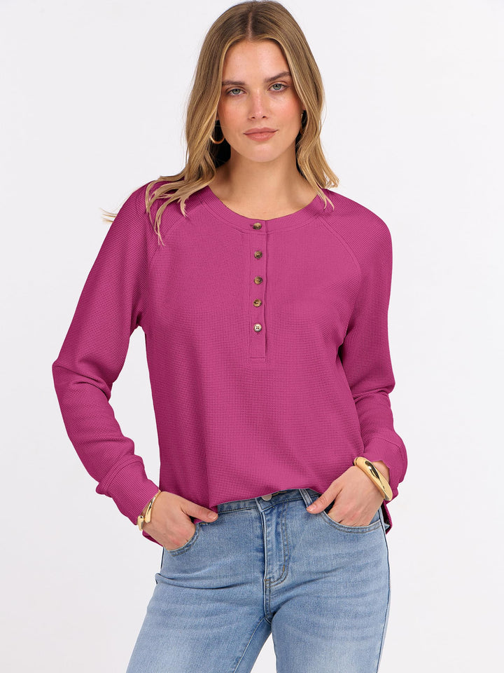 ANRABESS Long Sleeve Waffle Knit Shirts for Women Spring Fall Dressy Casual Button Up V Neck Henley Tops Loose Basic Tees Winter Clothes