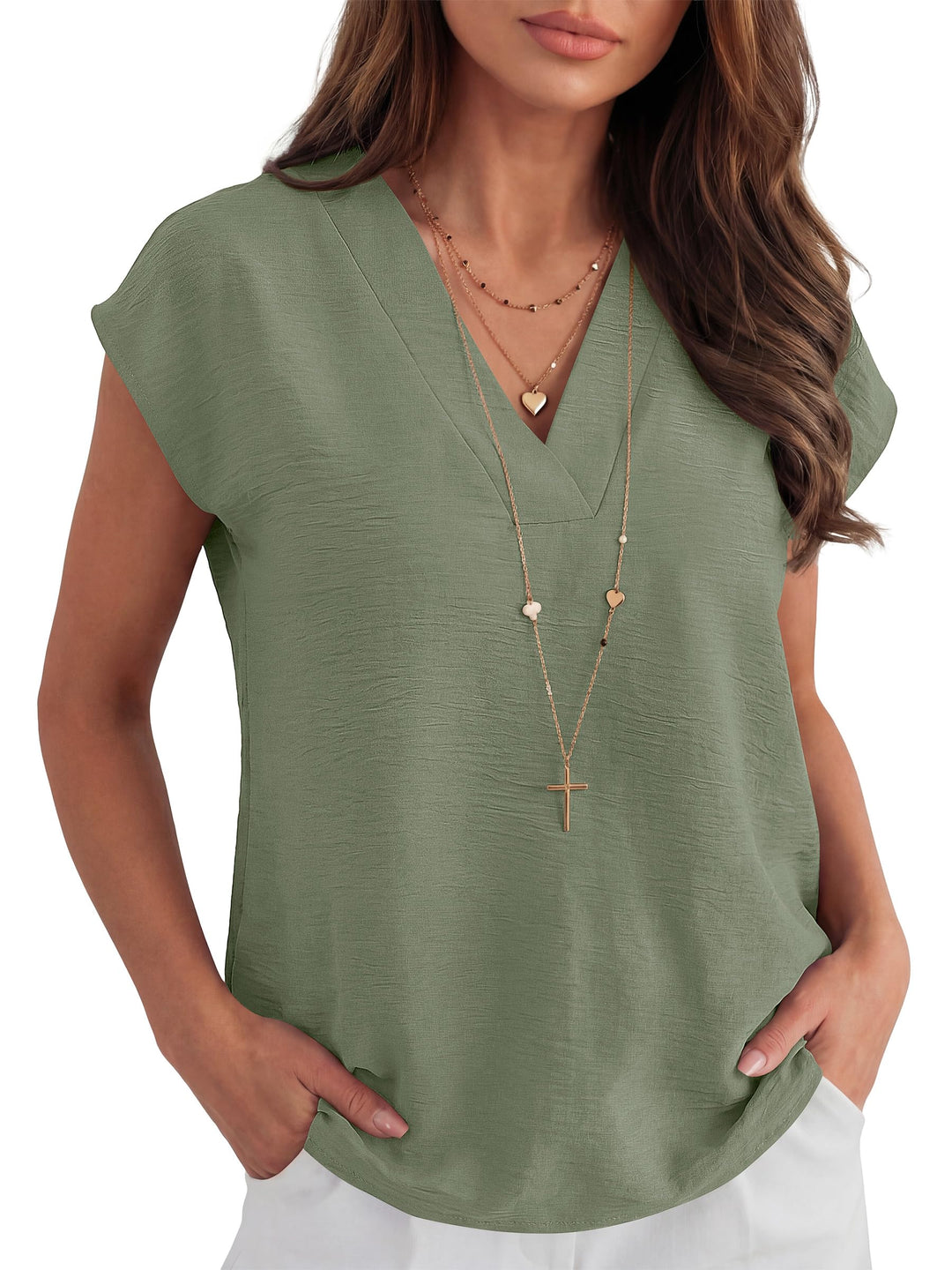 ANRABESS Women Tops V Neck T Shirts Cap Sleeve Business Casual Tops for Women Summer Loose Fit Dressy Work Office Blouses Cute Clothes Trendy Outfits