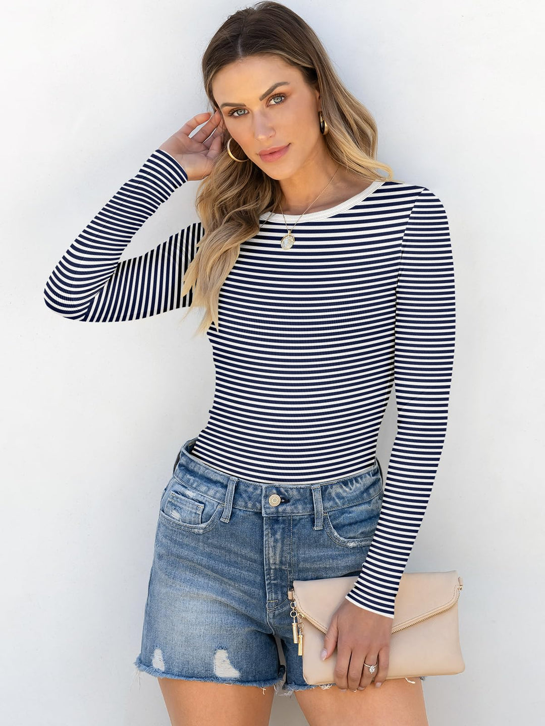 ANRABESS Long Sleeve Shirts for Women Ribbed Knit Slim Fit Basic Tops Crewneck Tees Spring Fall Casual Underscrubs Layer Clothes