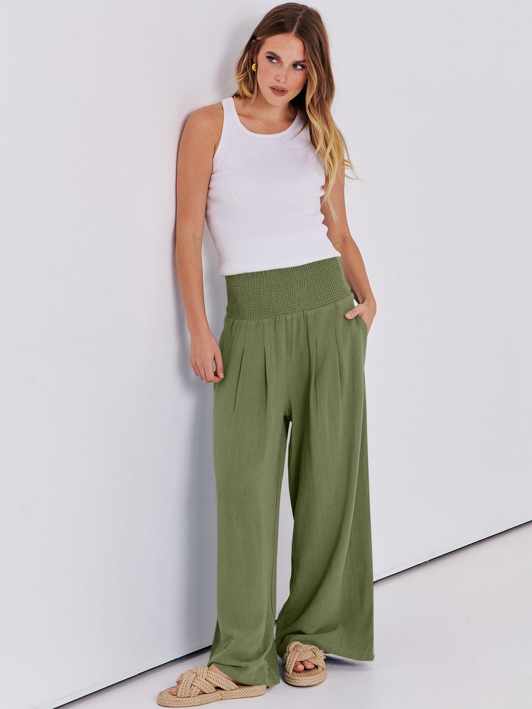ANRABESS Linen Wide Leg Pants for Women Summer Boho High Waist Palazzo Pants Beach Lounge Casual Trousers with Pockets Vacation Clothes