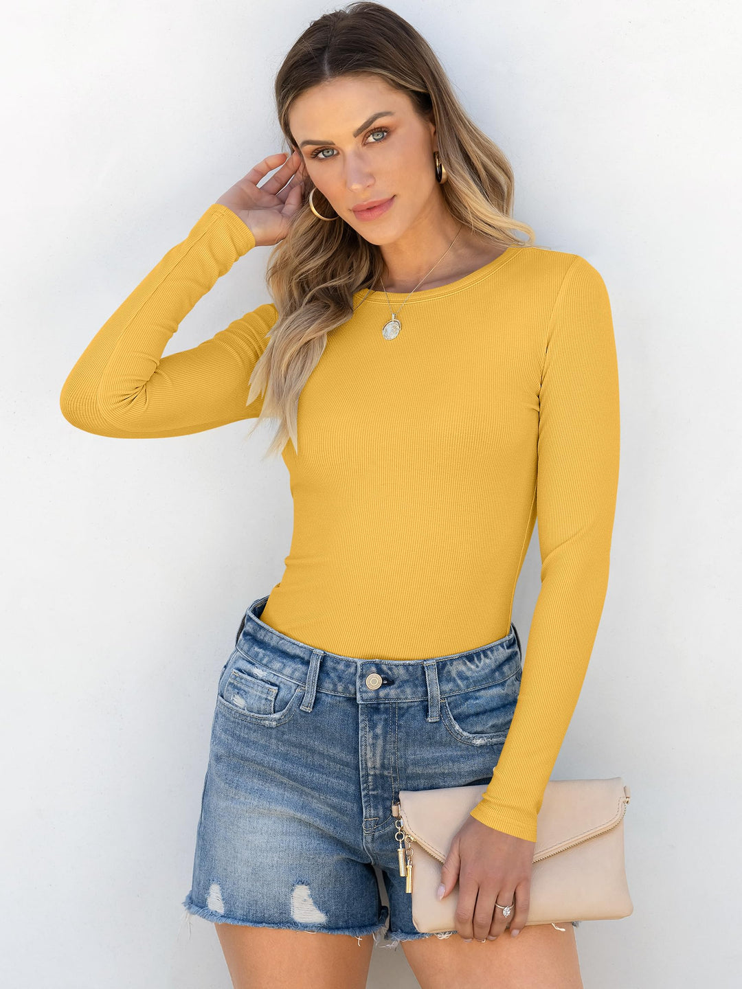 ANRABESS Long Sleeve Shirts for Women Ribbed Knit Slim Fit Basic Tops Crewneck Tees Spring Fall Casual Underscrubs Layer Clothes